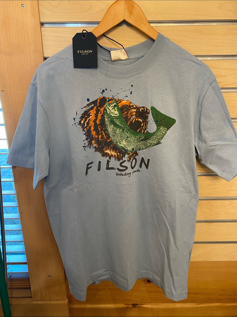 Filson Light Blue Tee with Bear & Green Fish Graphic